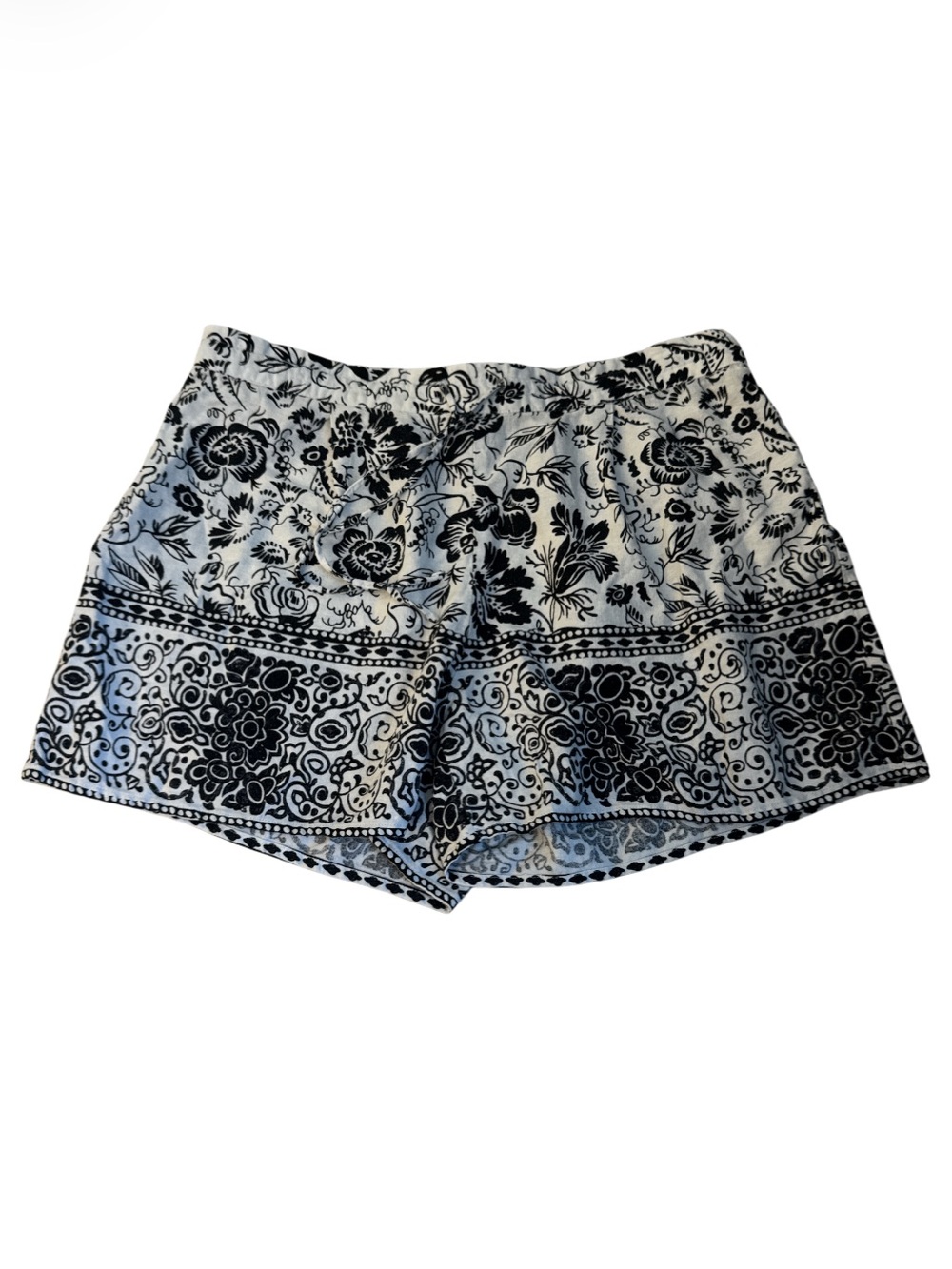 CeCe Black and White Floral Border Patterned Linen High Waist Shorts - Size L